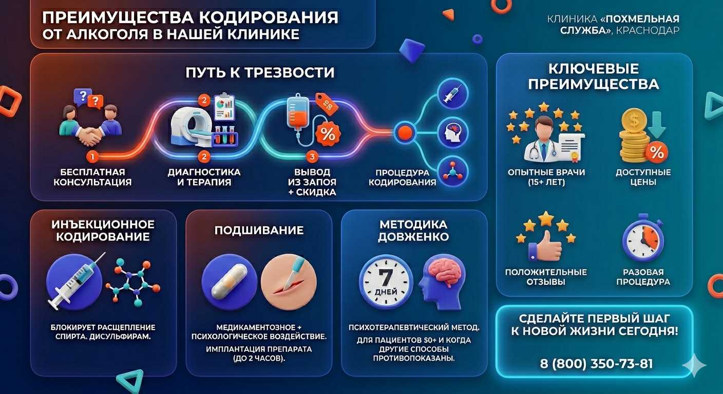 Инфографика о методах кодирования от алкоголя в Смоленском: инъекции, подшивание, метод Довженко. Преимущества клиники и этапы лечения.