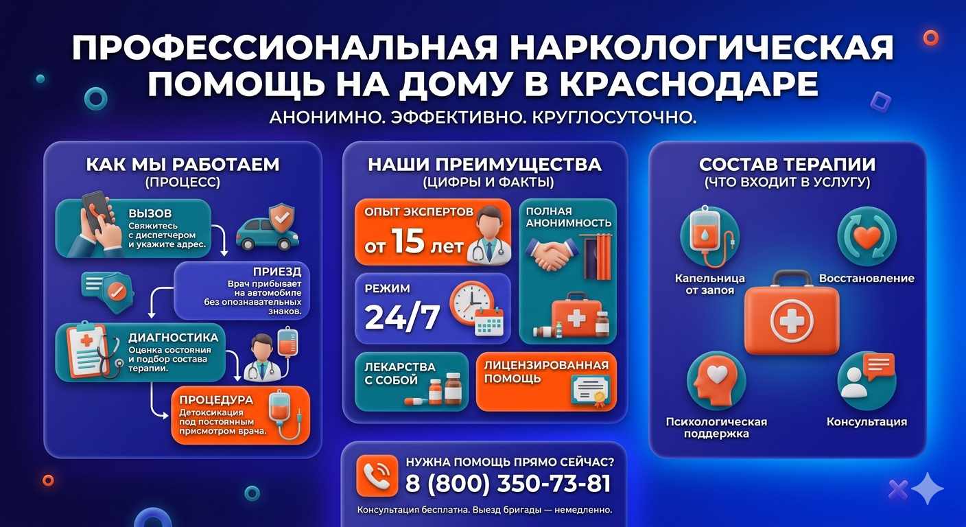 Инфографика о принципах лечения алкоголизма на дому в Смоленском: этапы вызова нарколога, преимущества анонимной детоксикации и состав медицинской помощи.